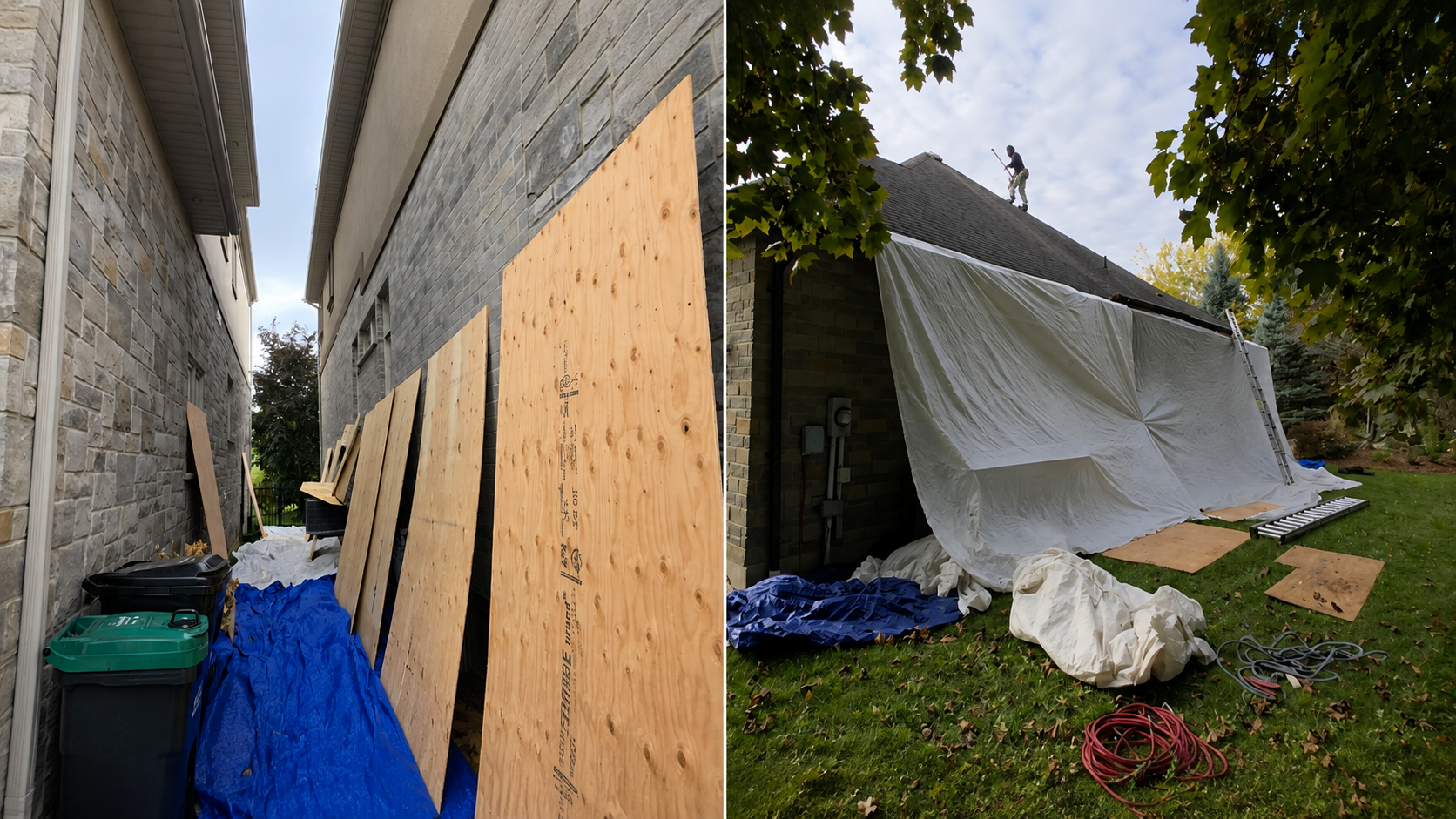 Tarps and plywood protecting property during roof installation